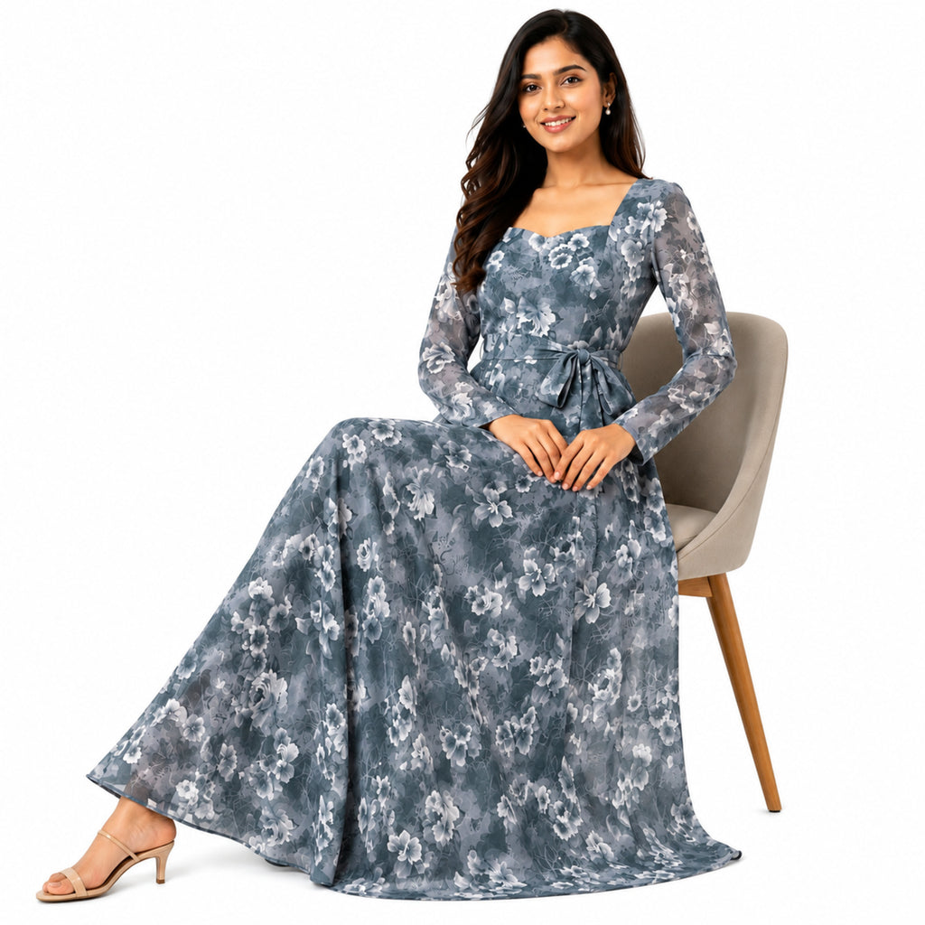 Women's Light Blue Floral Belted Maxi Dress with Sheer Sleeves