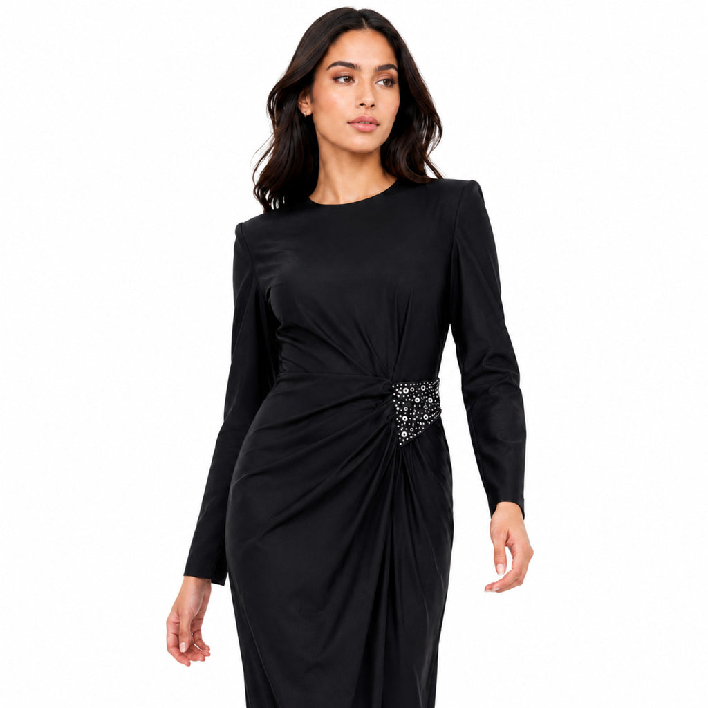 Women's Black Embellished Waist Gathered Maxi Dress