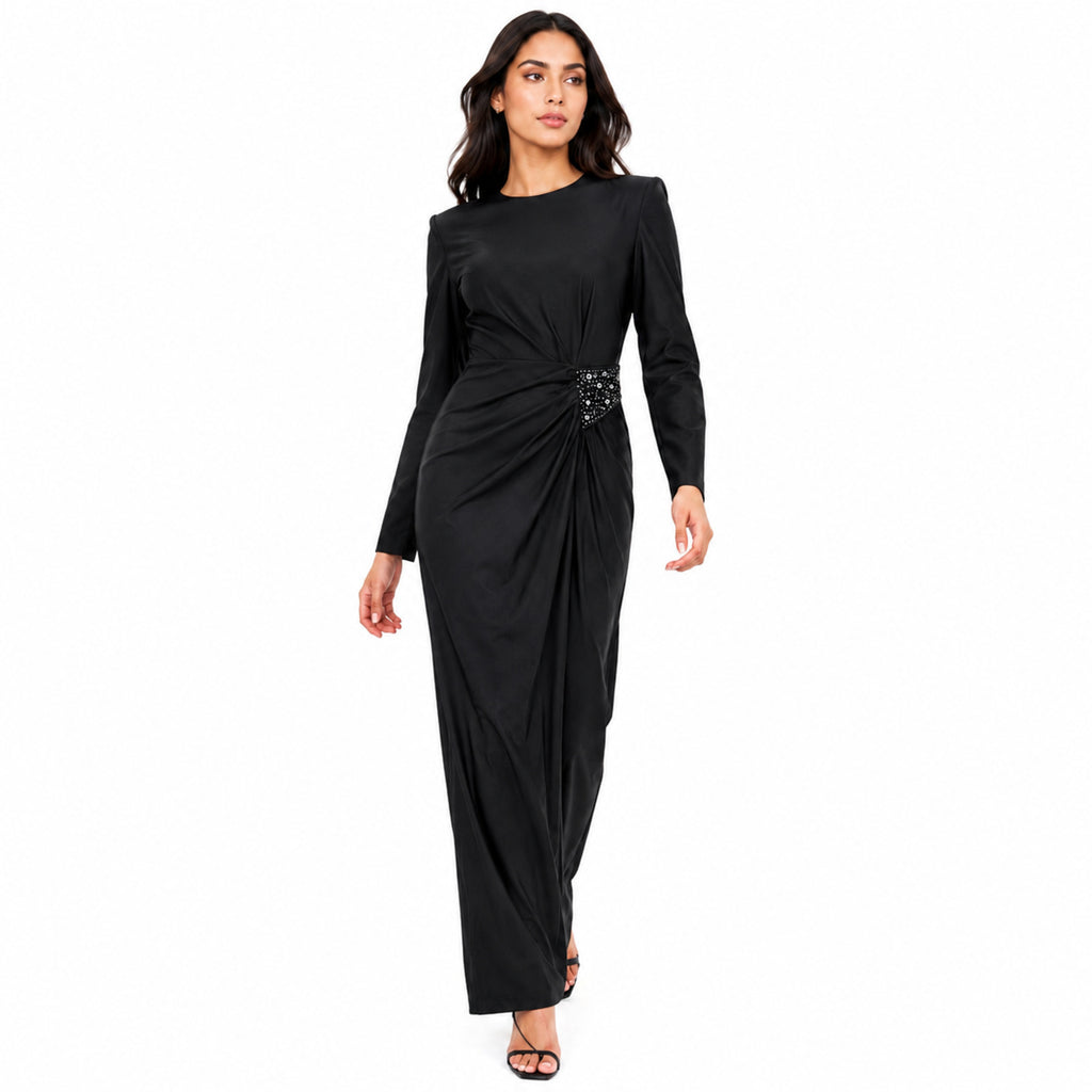 Women's Black Embellished Waist Gathered Maxi Dress