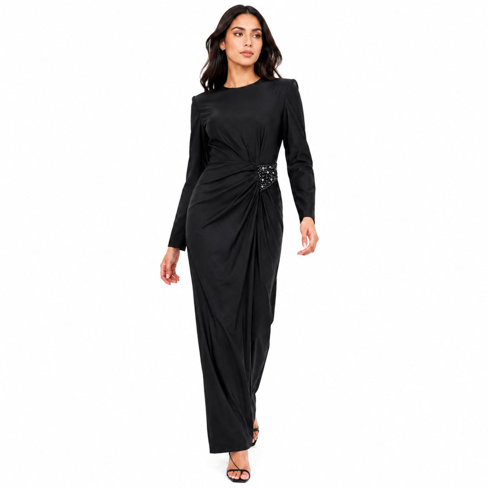 Women's Black Embellished Waist Gathered Maxi Dress