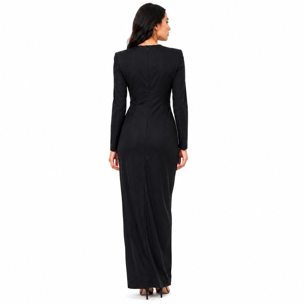 Women's Black Embellished Waist Gathered Maxi Dress