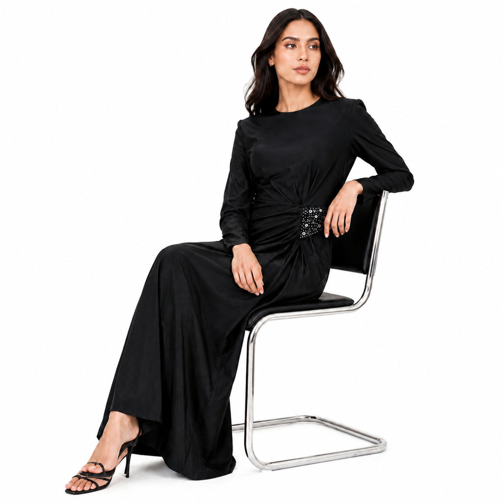 Women's Black Embellished Waist Gathered Maxi Dress