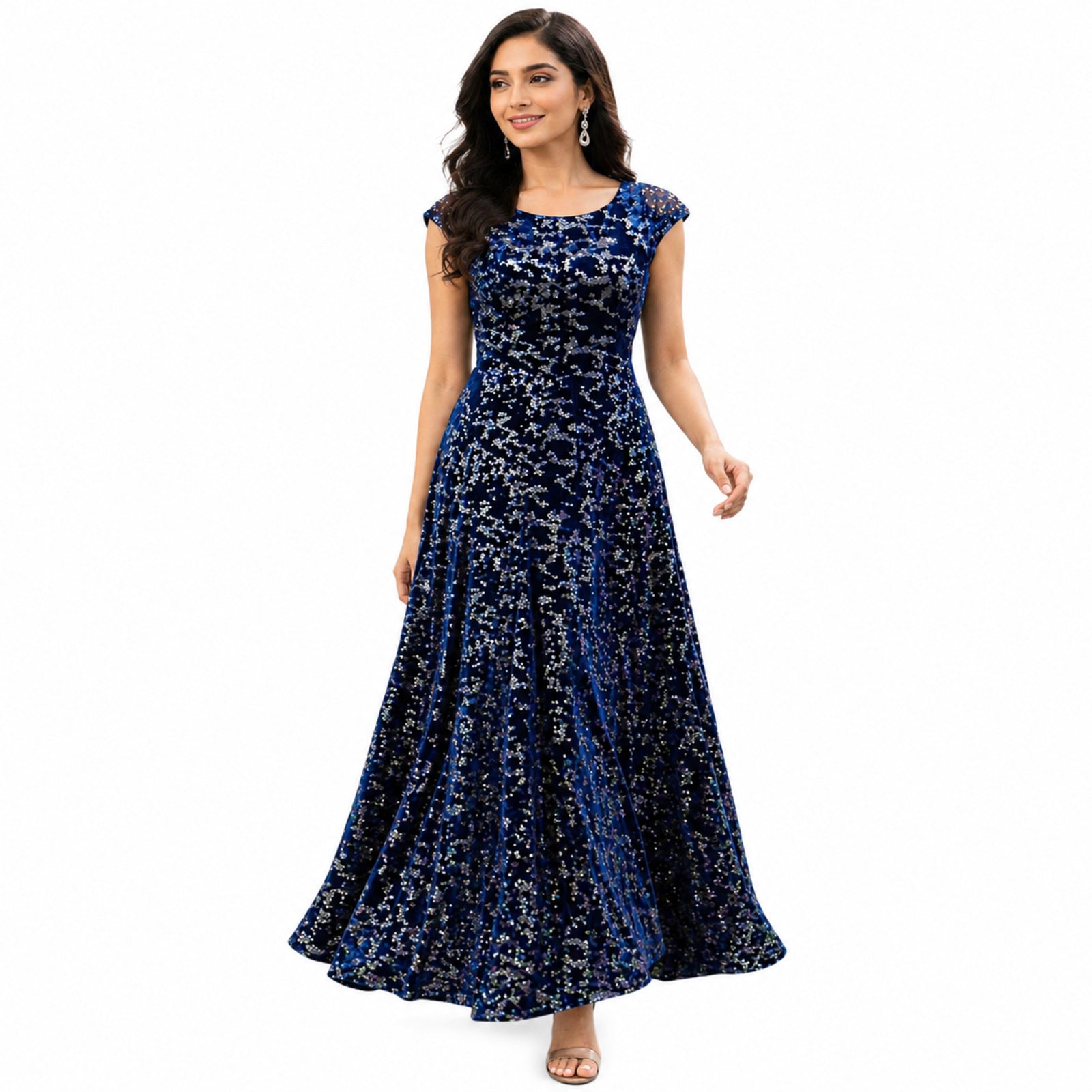 Elegant Navy Blue Velvet Evening Gown