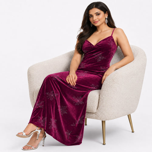 Elegant Velvet Embellished Dress For Women