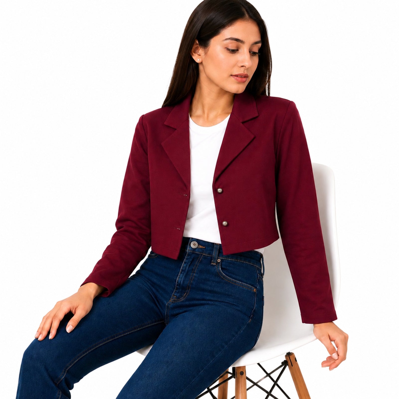 Women's Maroon Cropped Blazer Style Jacket