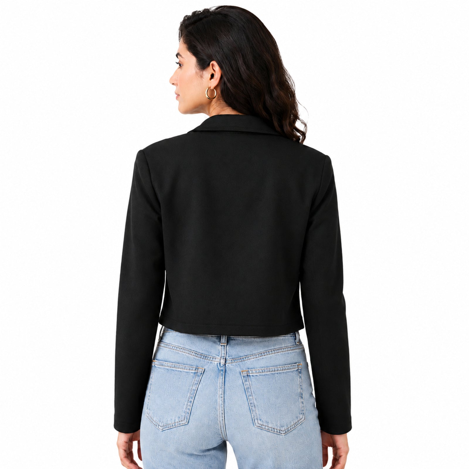 Women's Obsidian Midnight Black Cropped Blazer Jacket with Metallic Button Detailing