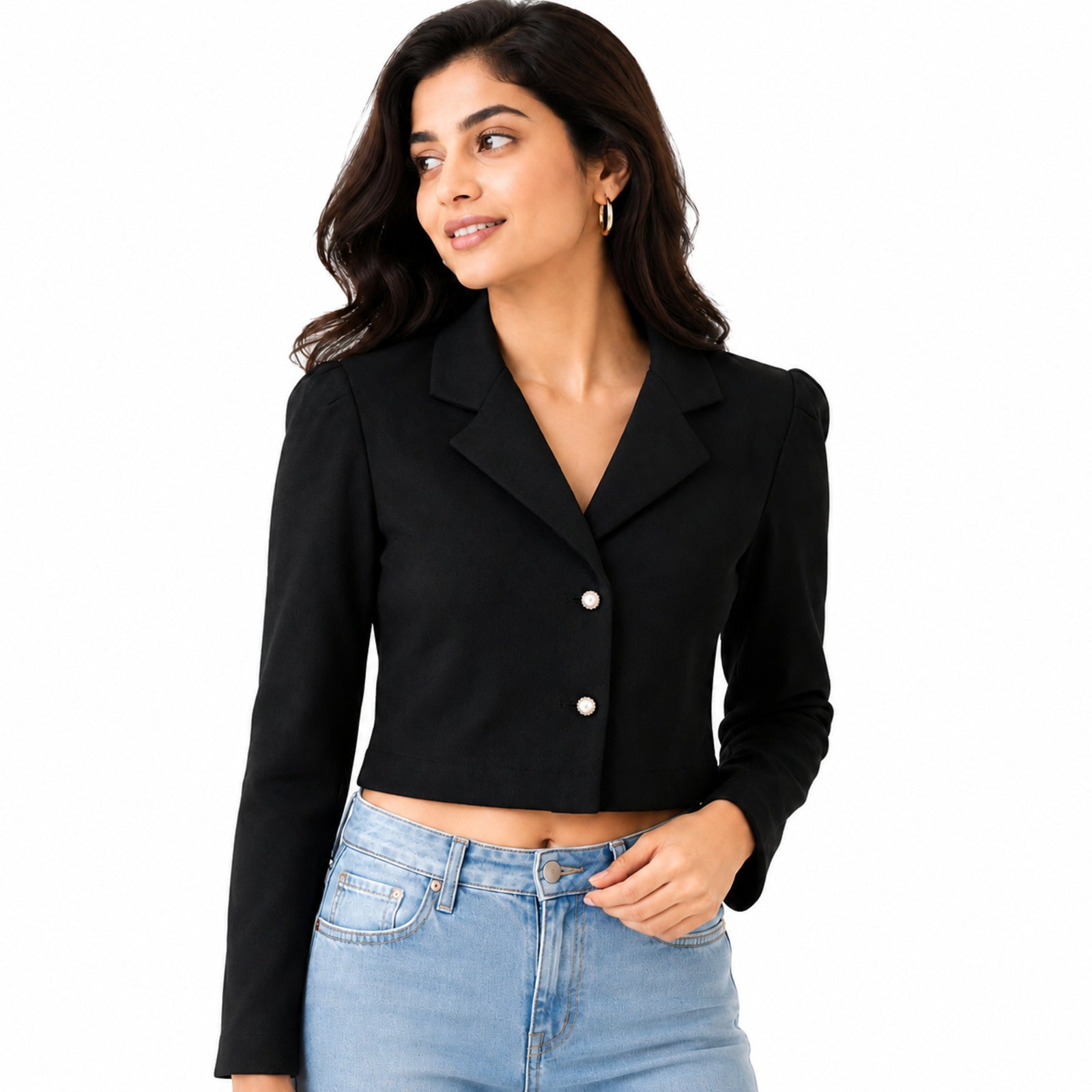 Women's Obsidian Midnight Black Cropped Blazer Jacket with Metallic Button Detailing