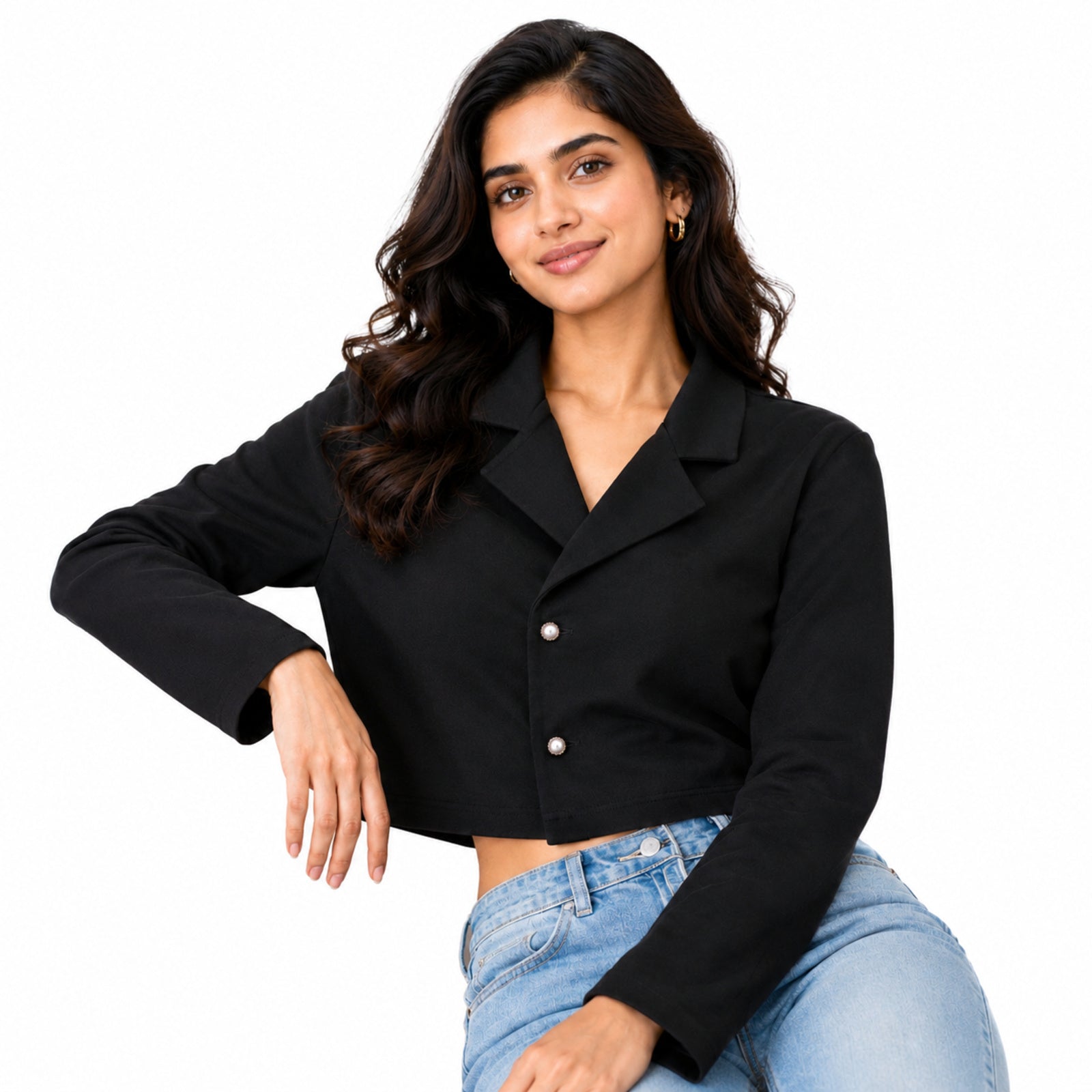 Women's Obsidian Midnight Black Cropped Blazer Jacket with Metallic Button Detailing