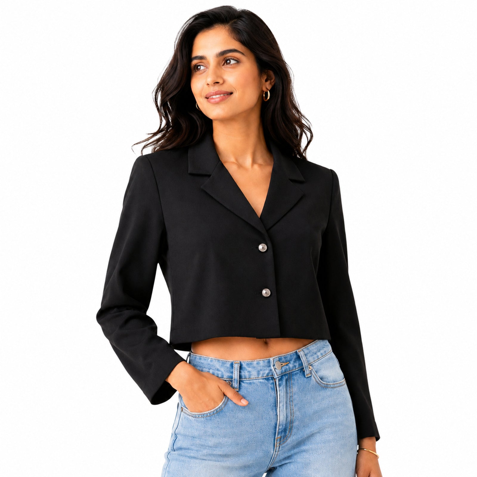 Women's Obsidian Midnight Black Cropped Blazer Jacket with Metallic Button Detailing