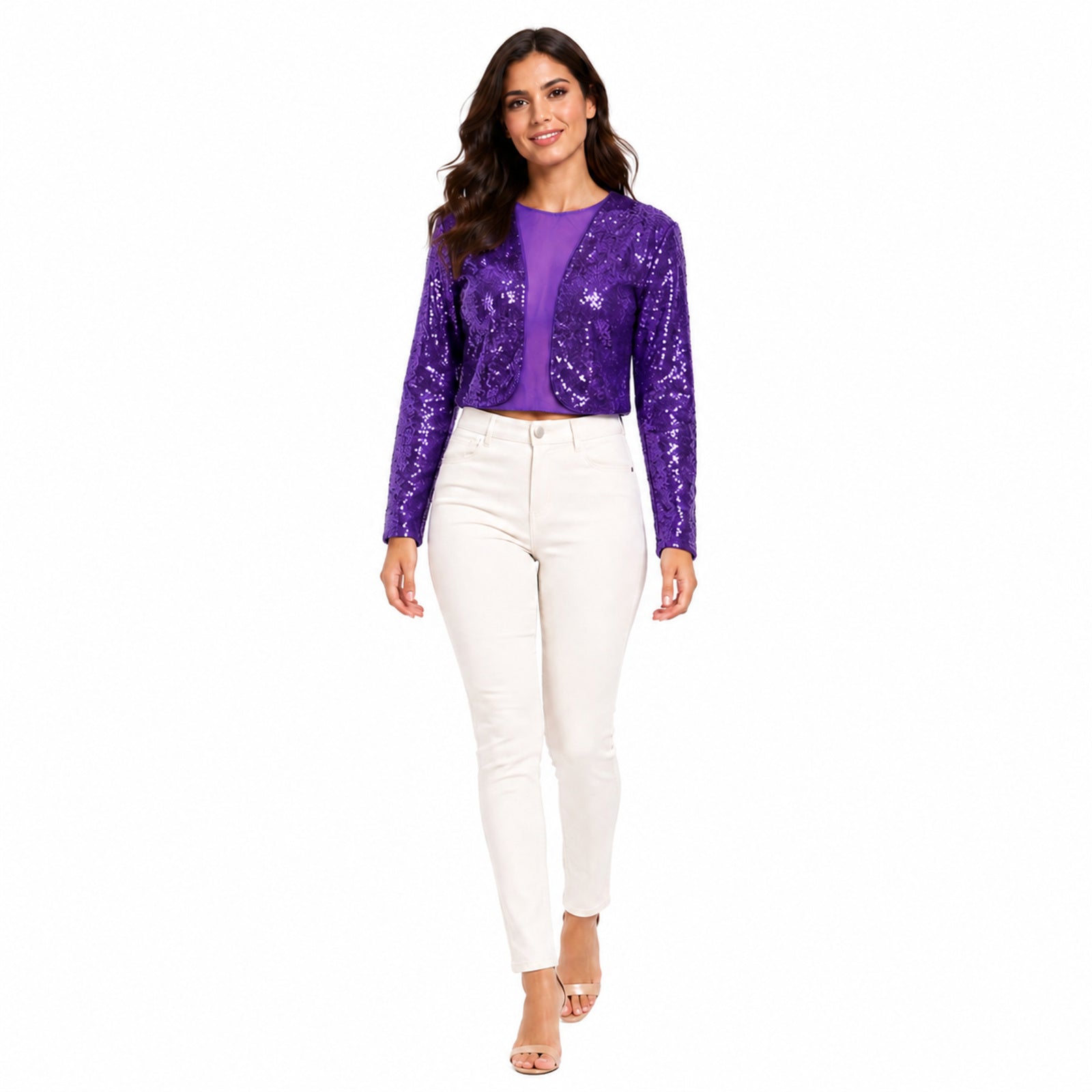 Women's Purple Sequin Mesh Panel Cropped Top | Full Sleeve Party Wear Blouse