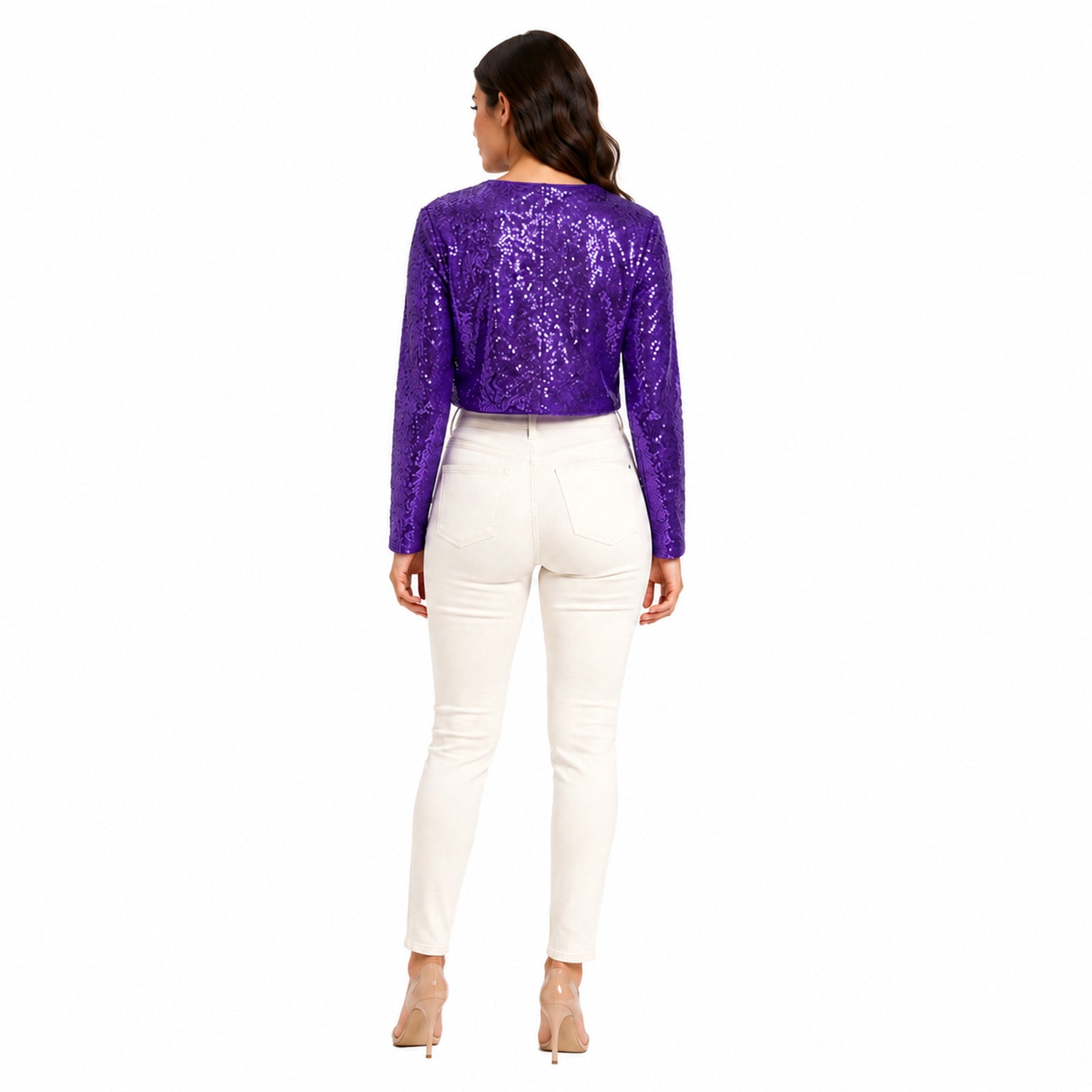Women's Purple Sequin Mesh Panel Cropped Top | Full Sleeve Party Wear Blouse