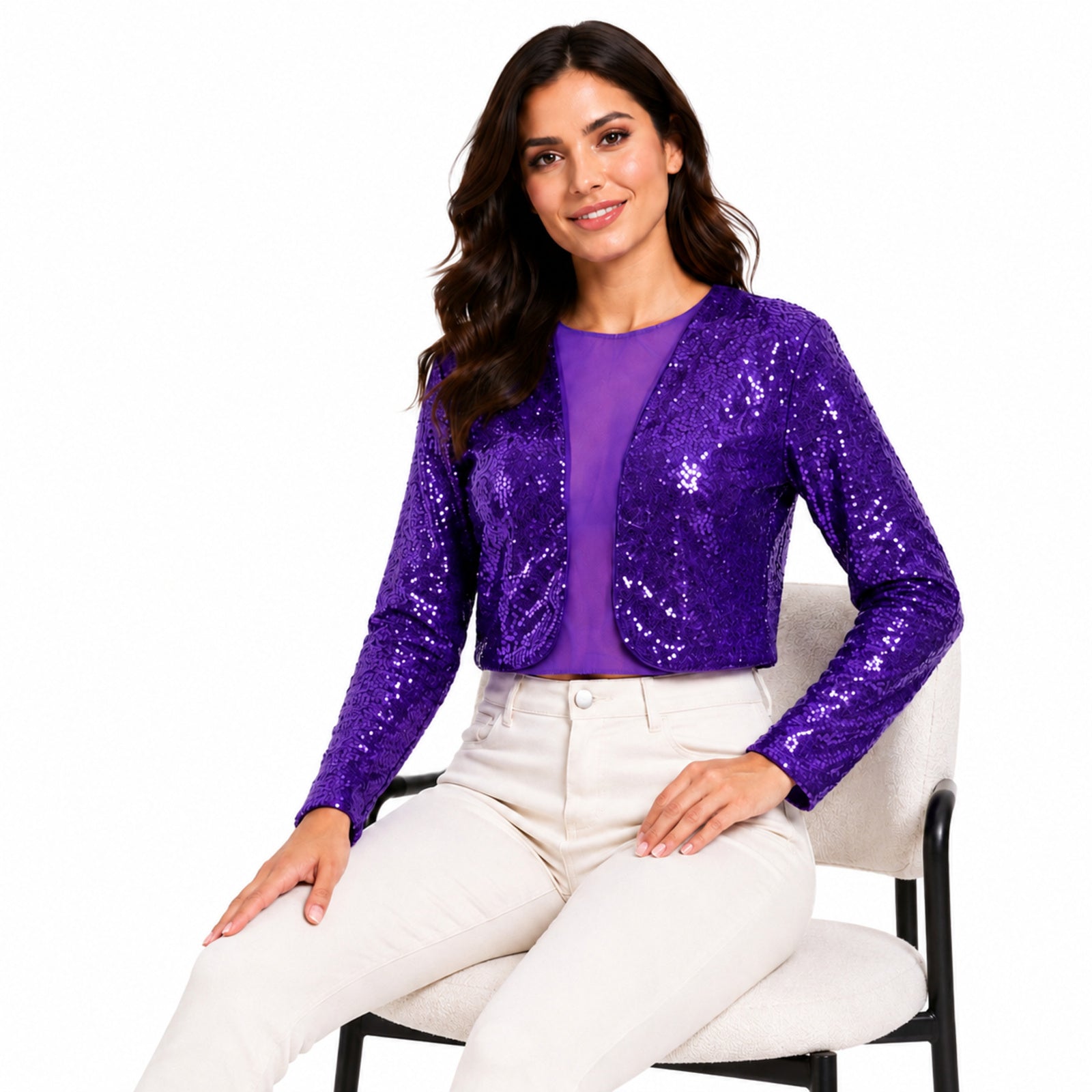 Women's Purple Sequin Mesh Panel Cropped Top | Full Sleeve Party Wear Blouse