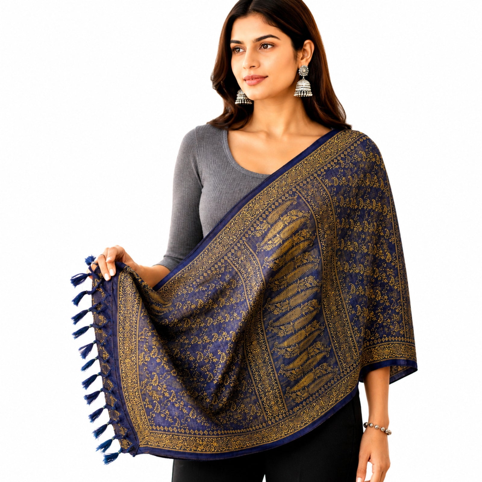 Women's Royal Blue & Gold Woven Ethnic Dupatta