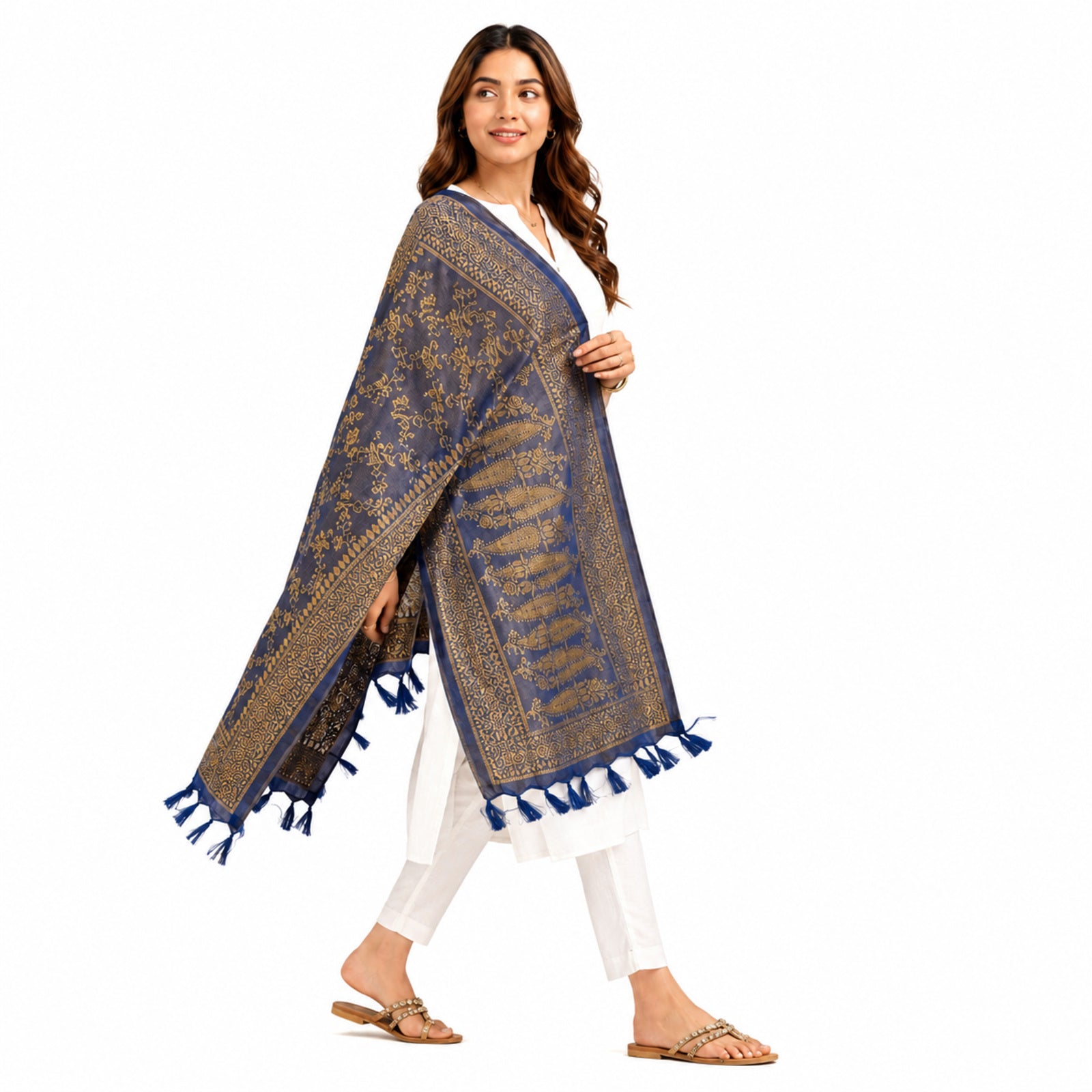 Women's Royal Blue & Gold Woven Ethnic Dupatta