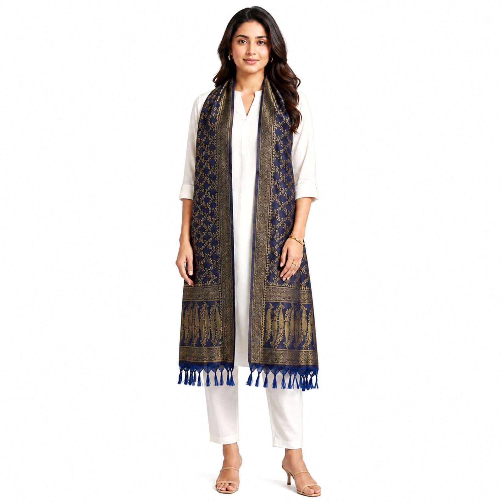 Women's Royal Blue & Gold Woven Ethnic Dupatta