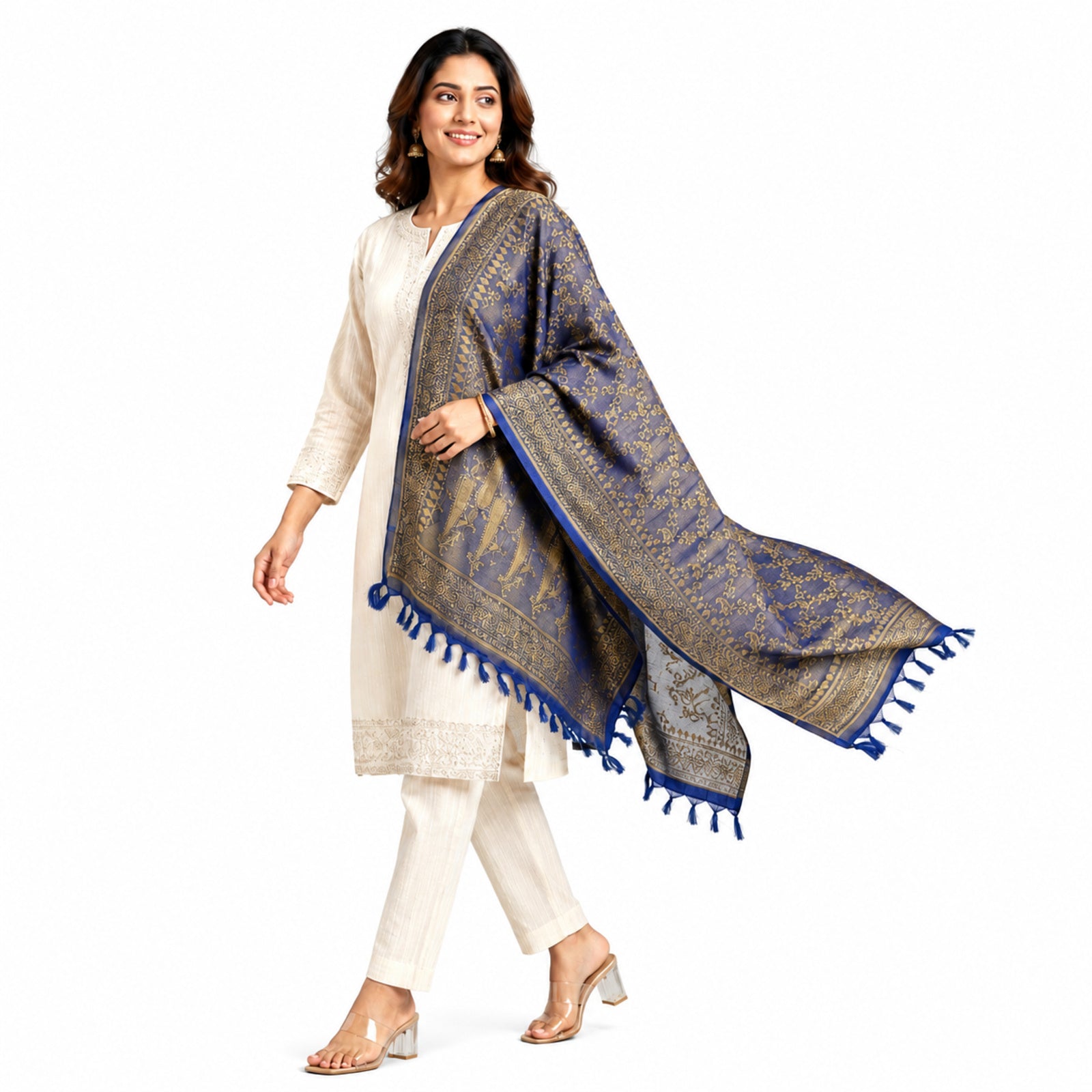 Women's Royal Blue & Gold Woven Ethnic Dupatta