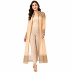 Women's Beige Embellished Sheer Longline Open Front Shrug | Elegant Festive Layering Jacket