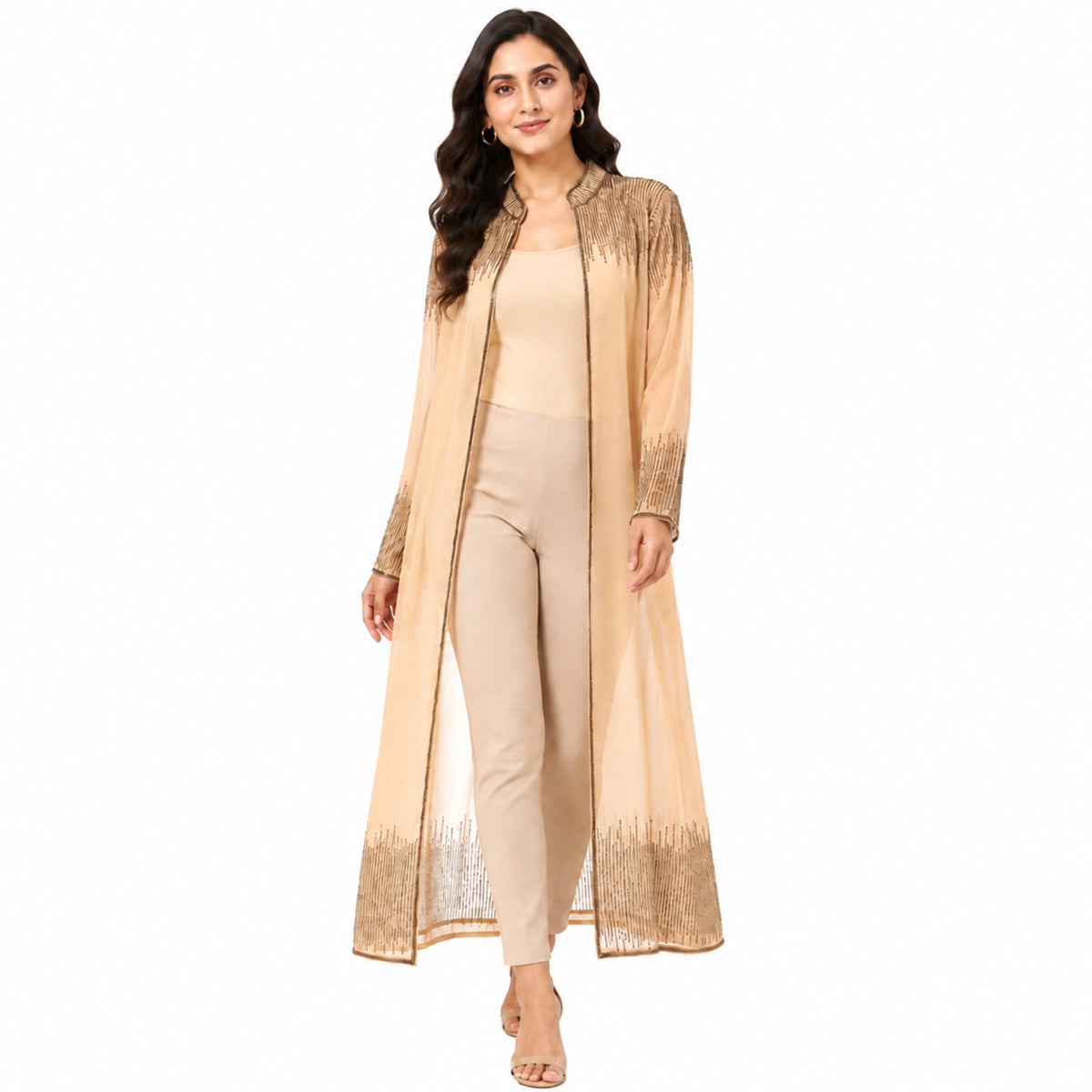 Women's Beige Embellished Sheer Longline Open Front Shrug | Elegant Festive Layering Jacket