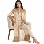 Women's Beige Embellished Sheer Longline Open Front Shrug | Elegant Festive Layering Jacket