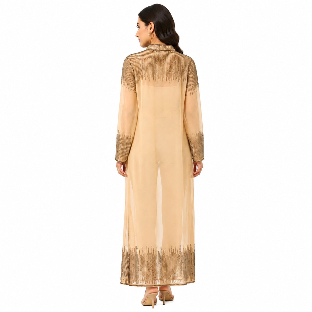 Women's Beige Embellished Sheer Longline Open Front Shrug | Elegant Festive Layering Jacket