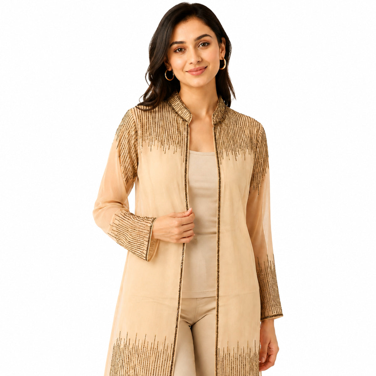 Women's Beige Embellished Sheer Longline Open Front Shrug | Elegant Festive Layering Jacket