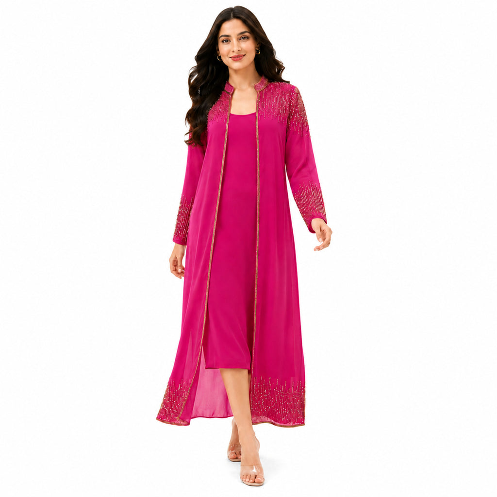 Women's Hot Pink Embellished Long Shrug | Ethnic Party Wear Ensemble