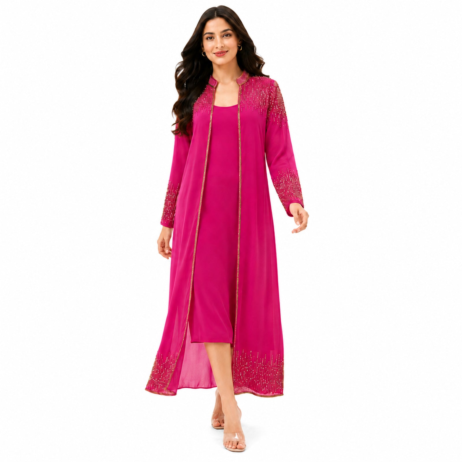 Women's Hot Pink Embellished Long Shrug | Ethnic Party Wear Ensemble
