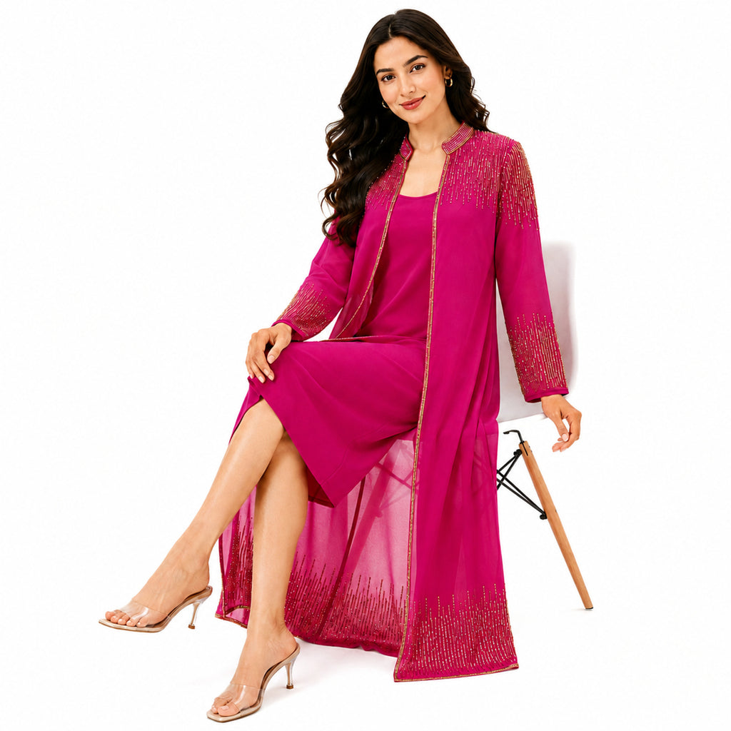 Women's Hot Pink Embellished Long Shrug | Ethnic Party Wear Ensemble