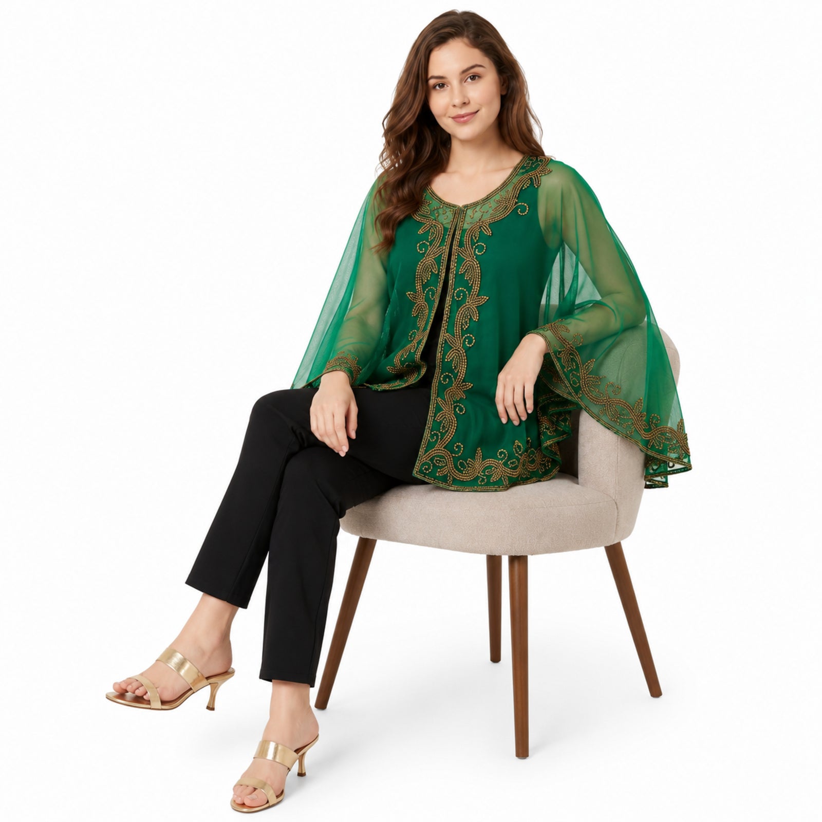 Women's Elegant Hand-Embroidered Green Sheer Cape Poncho Top