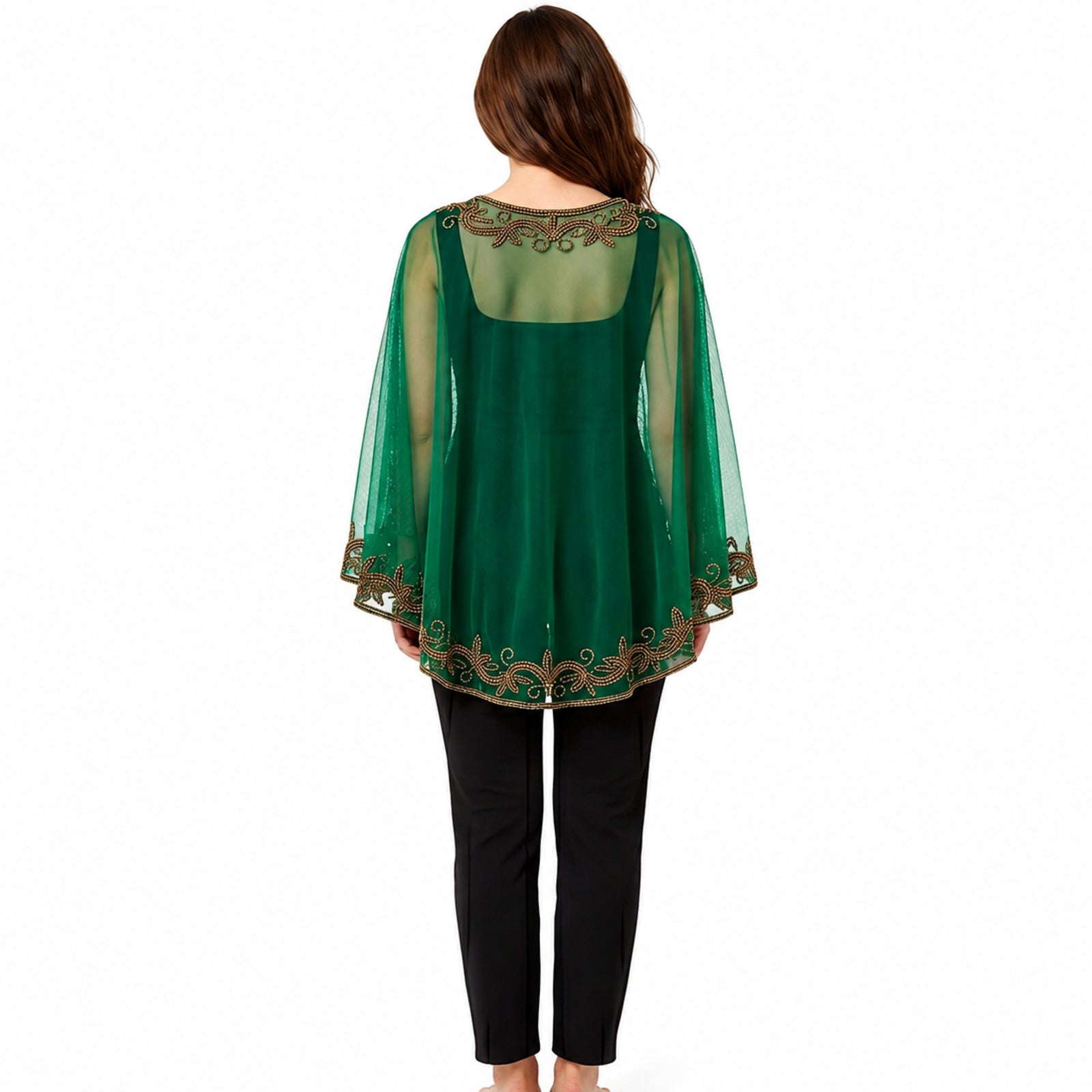 Women's Elegant Hand-Embroidered Green Sheer Cape Poncho Top
