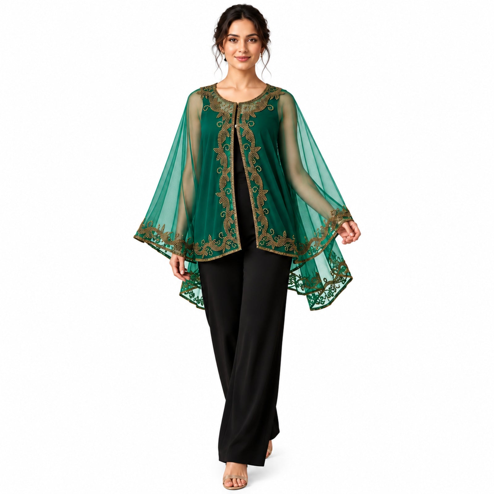 Women's Elegant Hand-Embroidered Green Sheer Cape Poncho Top