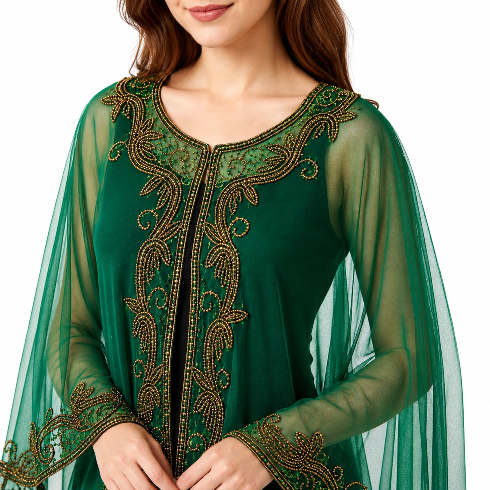 Women's Elegant Hand-Embroidered Green Sheer Cape Poncho Top