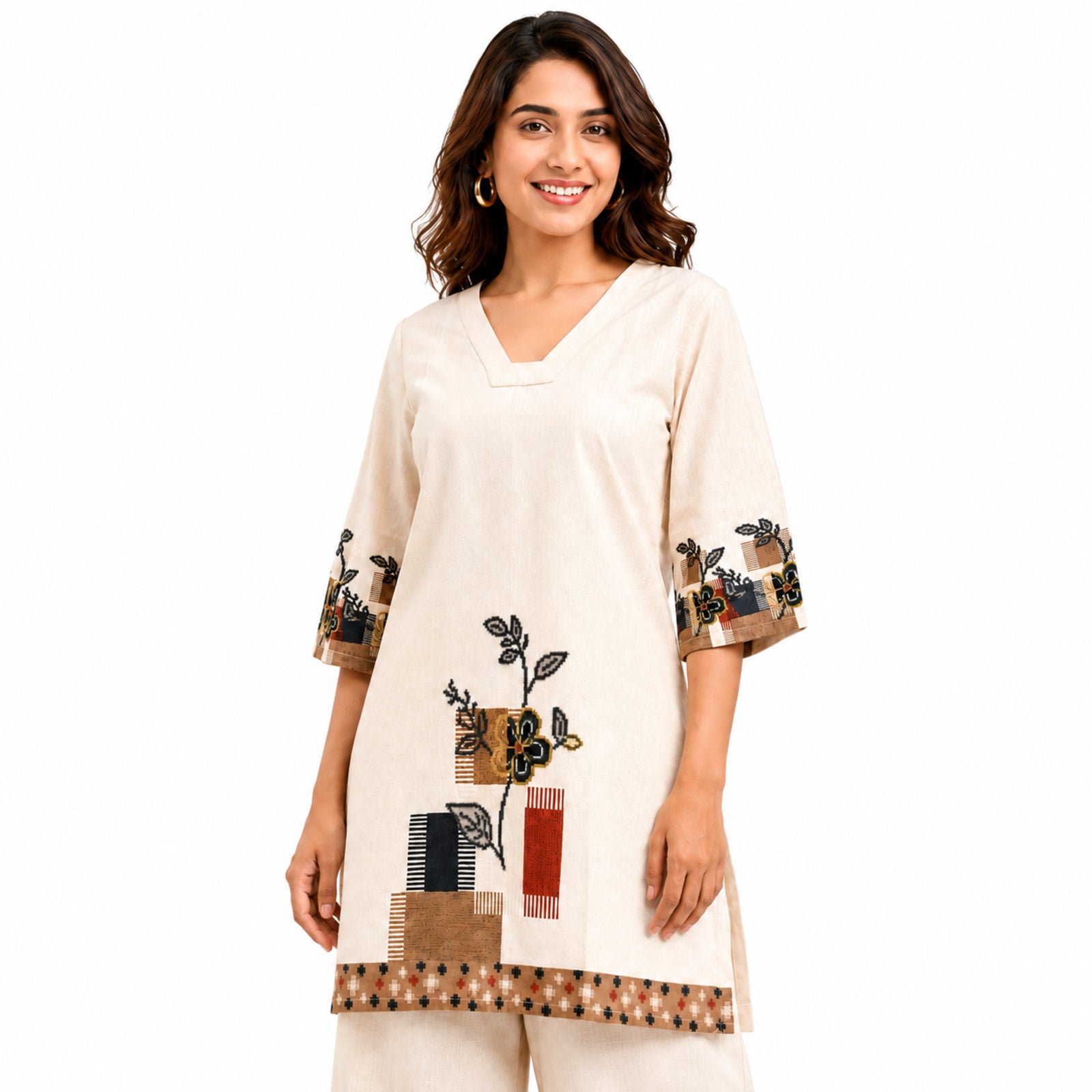Women's Printed Beige V-Neck Kurta and Wide-Leg Pant Co-Ord Set | Floral Ethnic Two-Piece Set