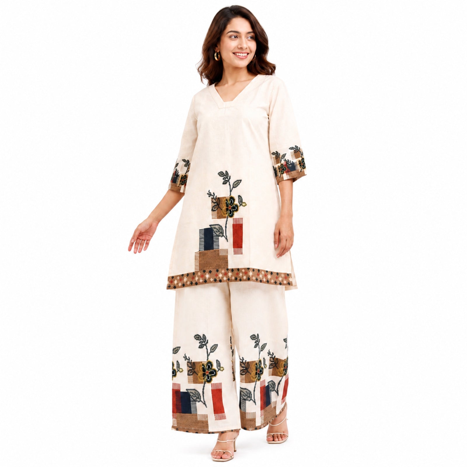 Women's Printed Beige V-Neck Kurta and Wide-Leg Pant Co-Ord Set | Floral Ethnic Two-Piece Set