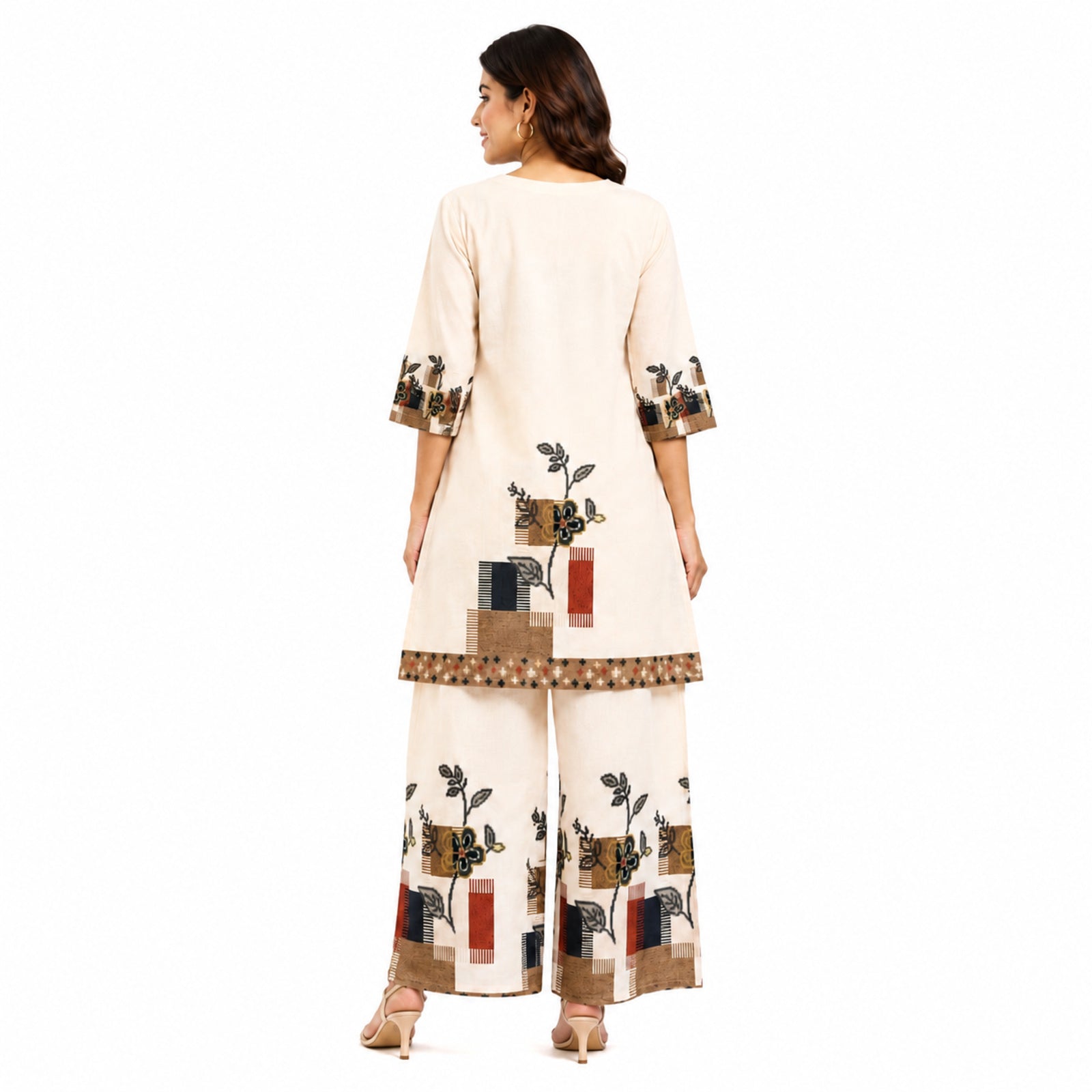 Women's Printed Beige V-Neck Kurta and Wide-Leg Pant Co-Ord Set | Floral Ethnic Two-Piece Set