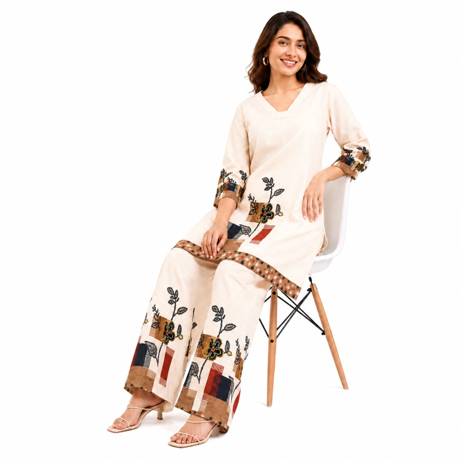 Women's Printed Beige V-Neck Kurta and Wide-Leg Pant Co-Ord Set | Floral Ethnic Two-Piece Set