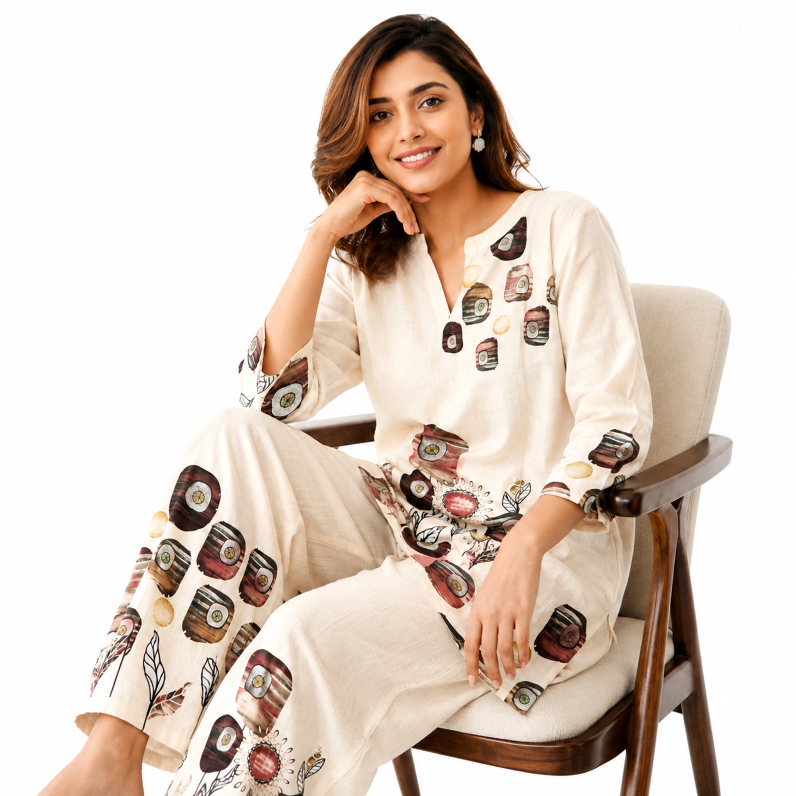 Women's Elegant Abstract Floral Printed Beige Kurta and Palazzo Set