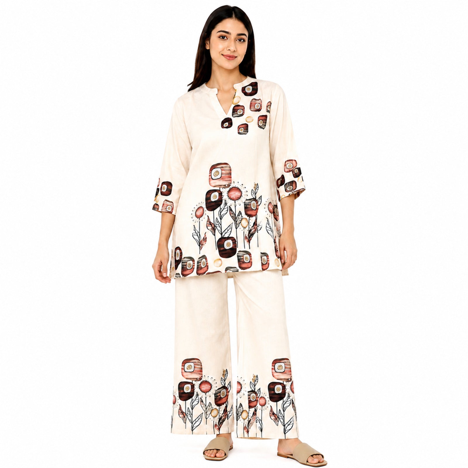 Women's Elegant Abstract Floral Printed Beige Kurta and Palazzo Set