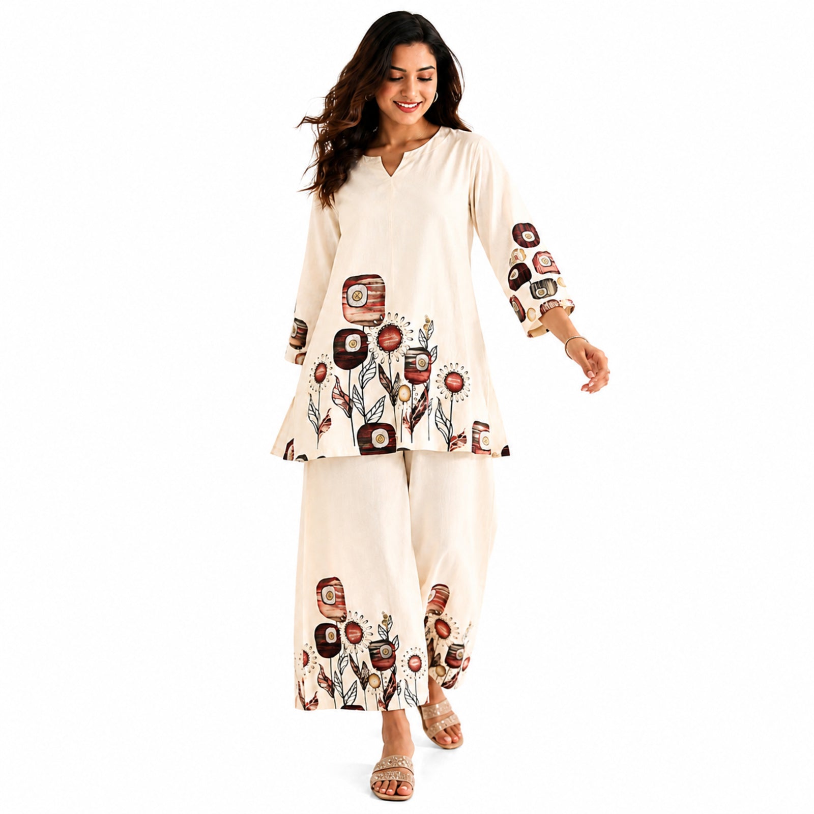 Women's Elegant Abstract Floral Printed Beige Kurta and Palazzo Set