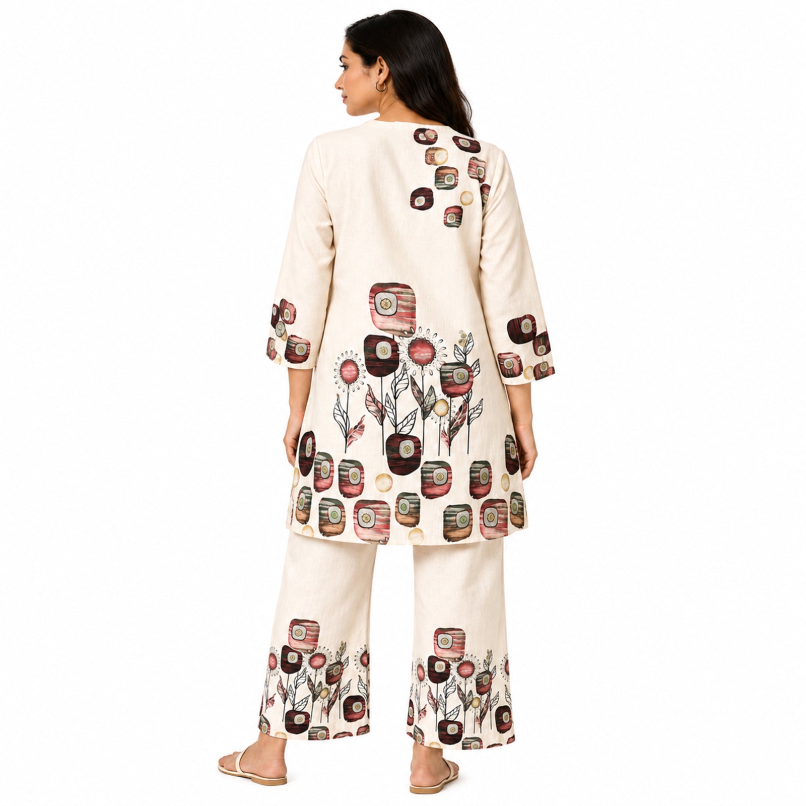 Women's Elegant Abstract Floral Printed Beige Kurta and Palazzo Set