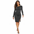 Women's Silver Shimmer Side Button Long Sleeve Bodycon Midi Dress | Glamorous Party Wear Dress