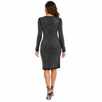 Women's Silver Shimmer Side Button Long Sleeve Bodycon Midi Dress | Glamorous Party Wear Dress