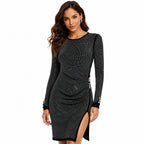 Women's Silver Shimmer Side Button Long Sleeve Bodycon Midi Dress | Glamorous Party Wear Dress