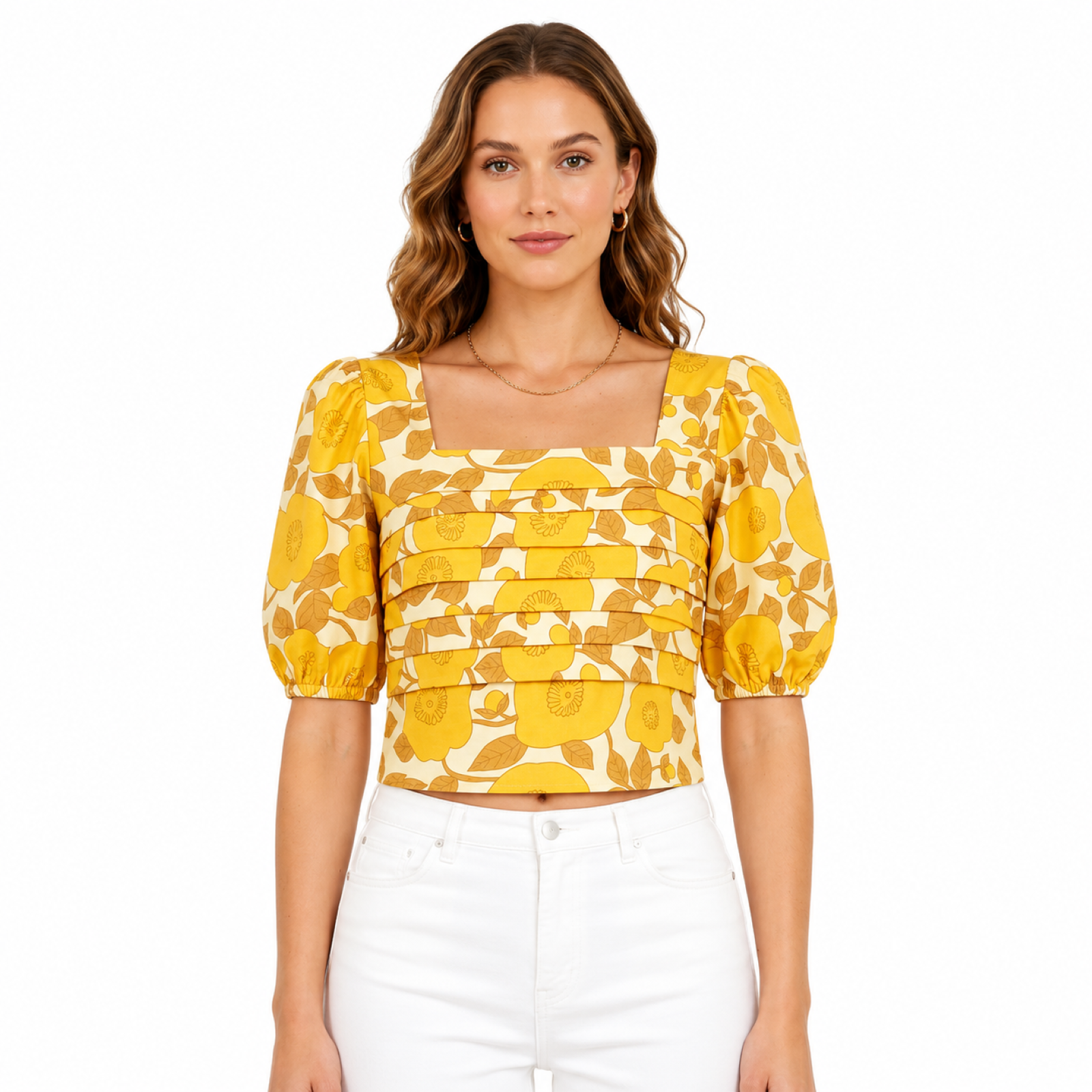 Women's Sunlit Bloom Square Neck Puff Sleeve Top