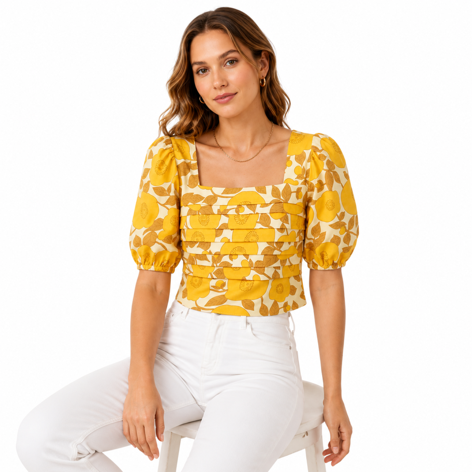 Women's Sunlit Bloom Square Neck Puff Sleeve Top