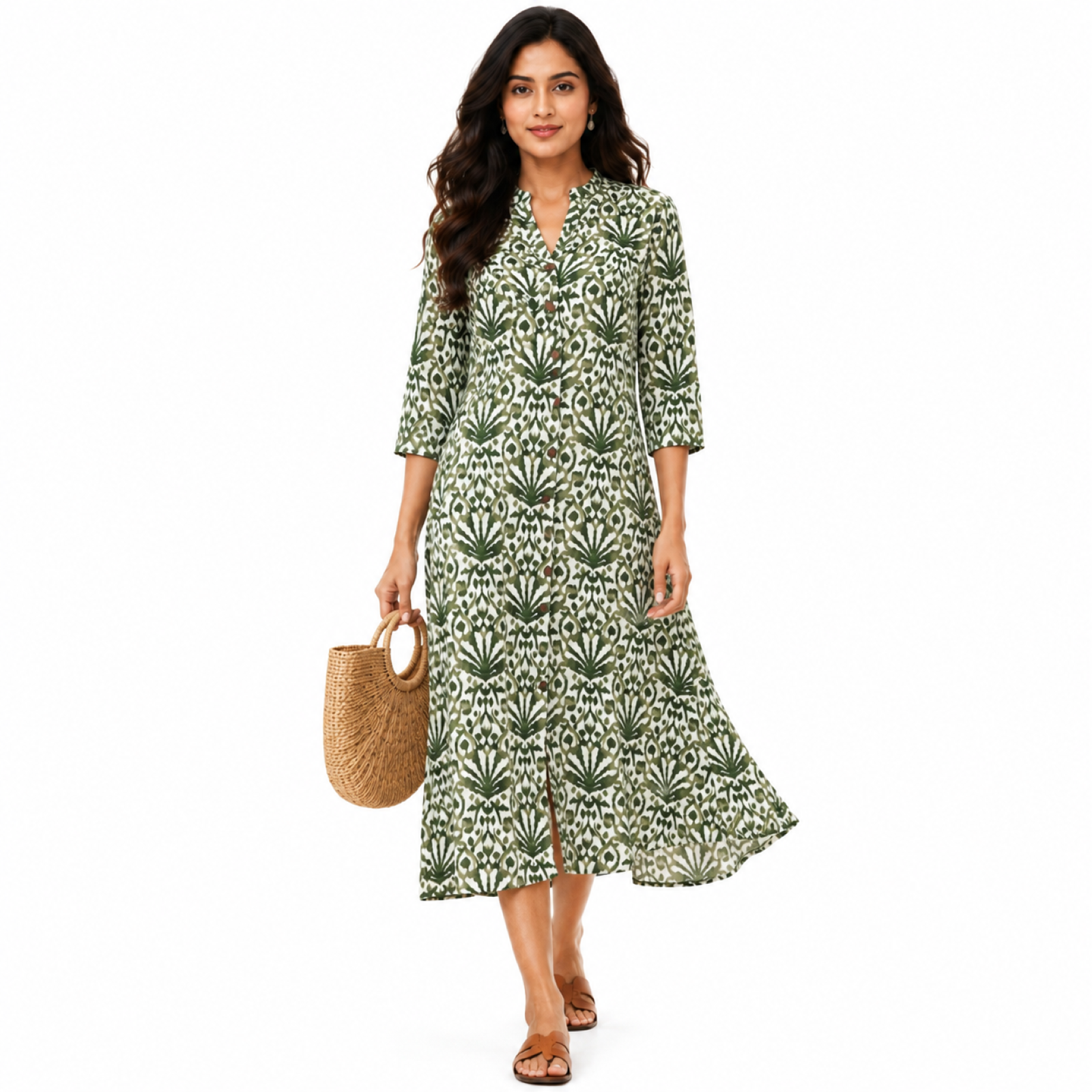 Women's Olive Green Ikat Printed Kurta