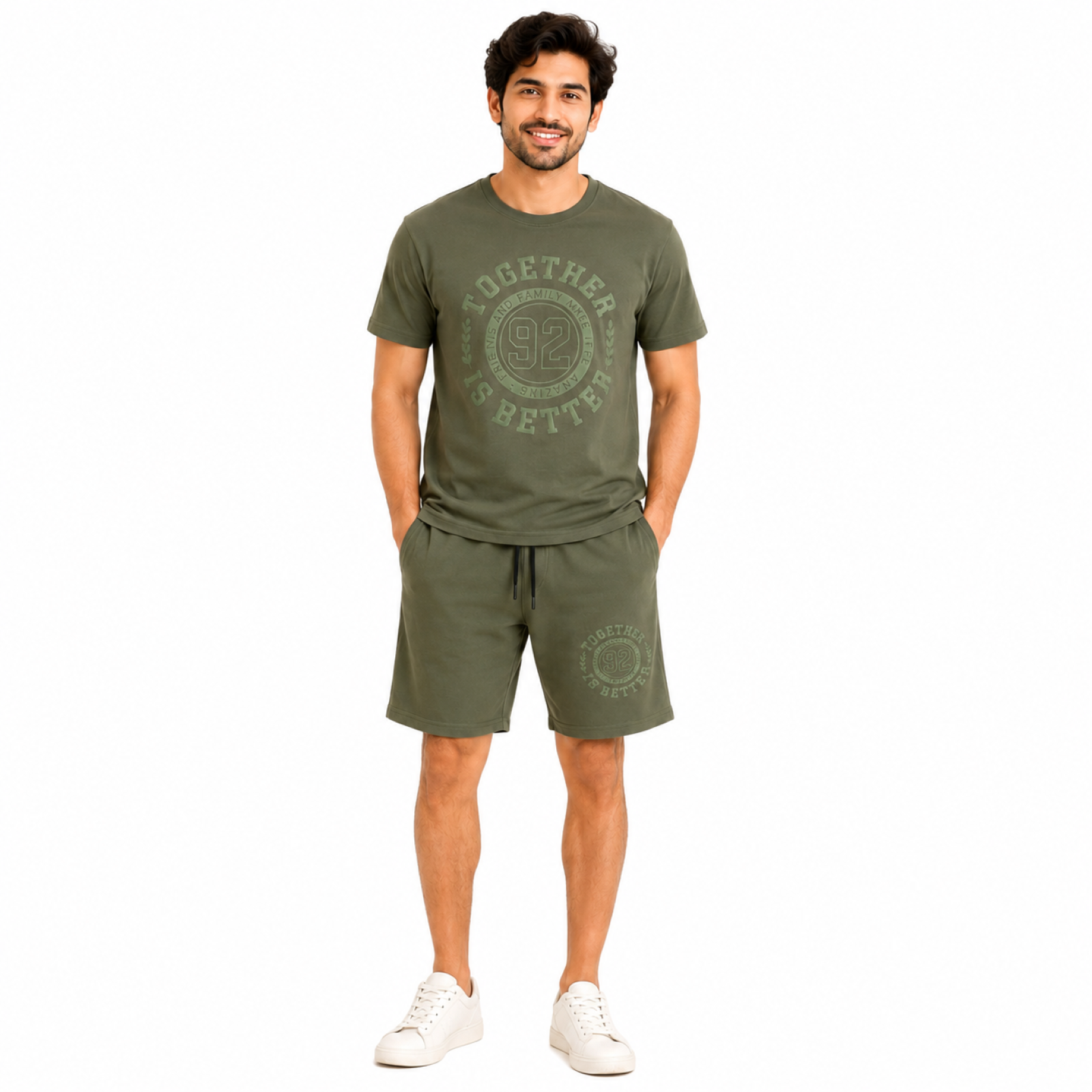 Men's Light Green Typography Varsity Print Performance T-Shirt and Shorts Co-ord Set