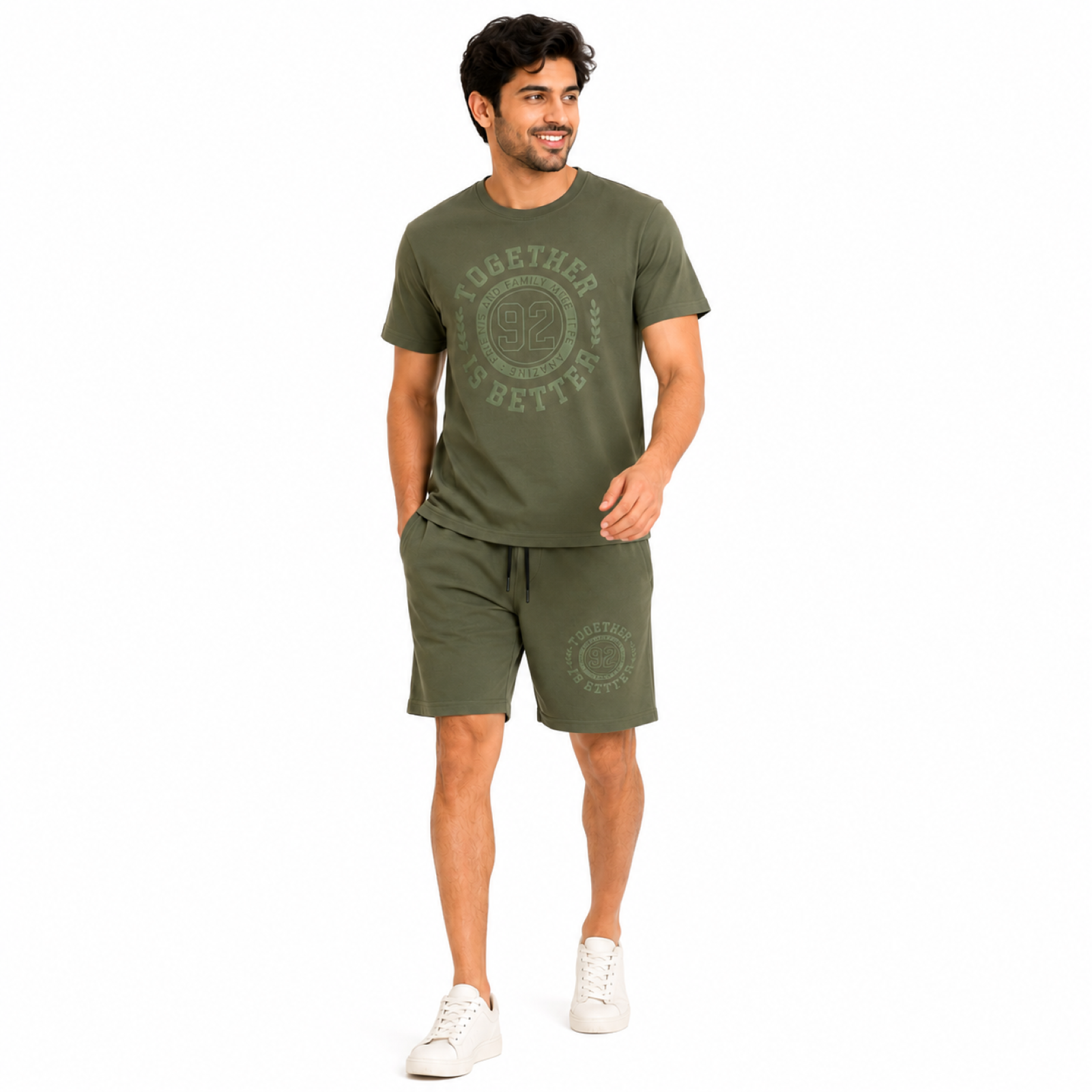 Men's Light Green Typography Varsity Print Performance T-Shirt and Shorts Co-ord Set