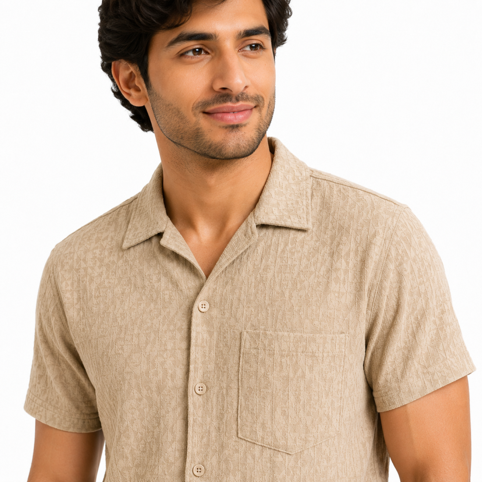 Men's Beige Monogram Textured Cuban Collar Shirt and Shorts Co-ord Set