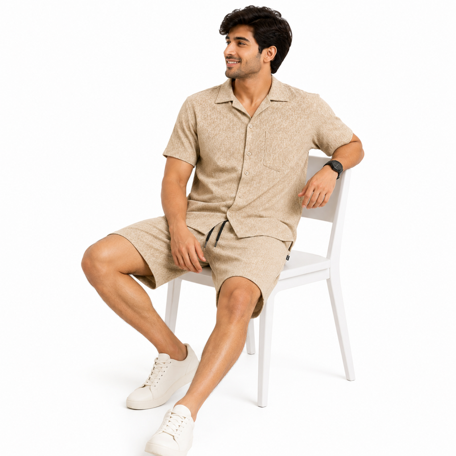 Men's Beige Monogram Textured Cuban Collar Shirt and Shorts Co-ord Set